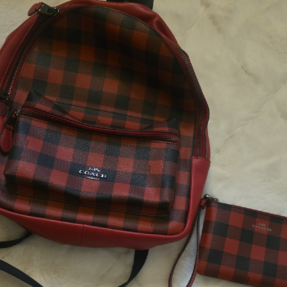 Coach Mini Backpack in Red and Black Checkered Design W/ Matching Mini Zip